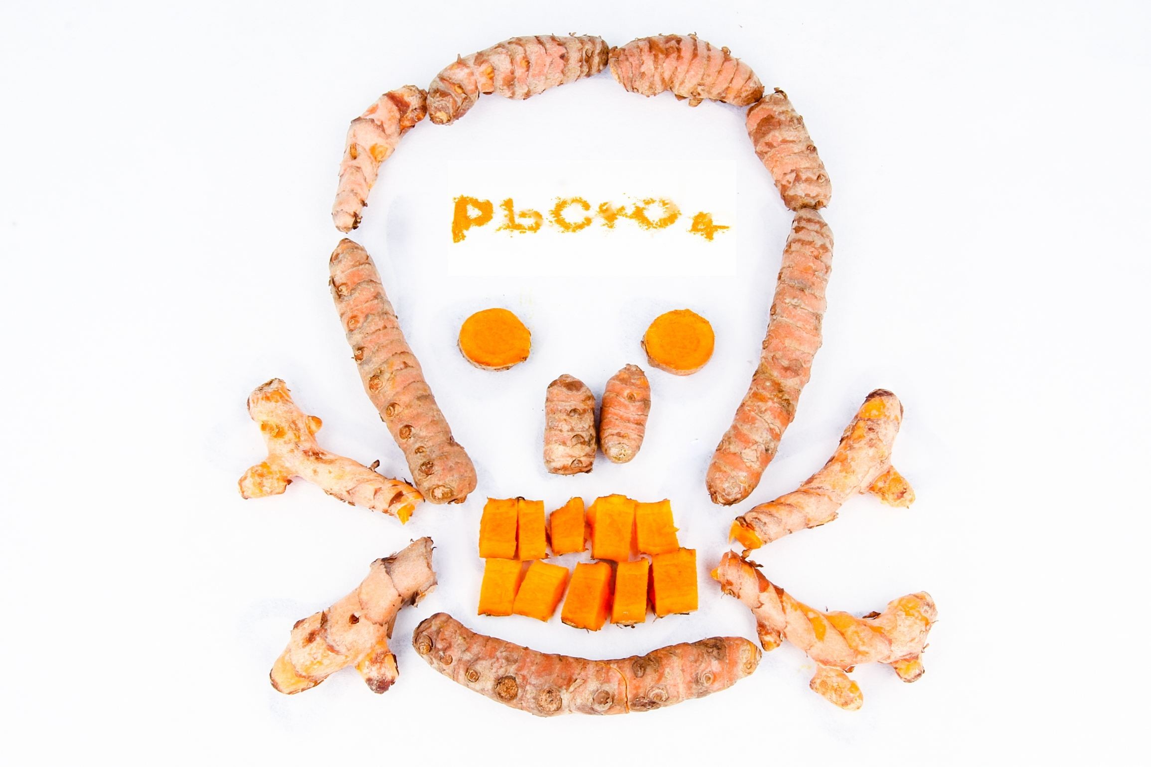 Das Foto zeigt einen stilisierten Totenschädel, der aus einzelnen, ganzen Kurkuma-Rhizomstücken zusammengelegt worden ist. Die Zähne und Augen sind durch quergeschnittene orange-gelb aussehende Rhizomstücke dargestellt. Auf der Stirn befindet sich der Schriftzug PbCrO4 aus aufgestreutem, gemahlenem Kurkuma-Material.
