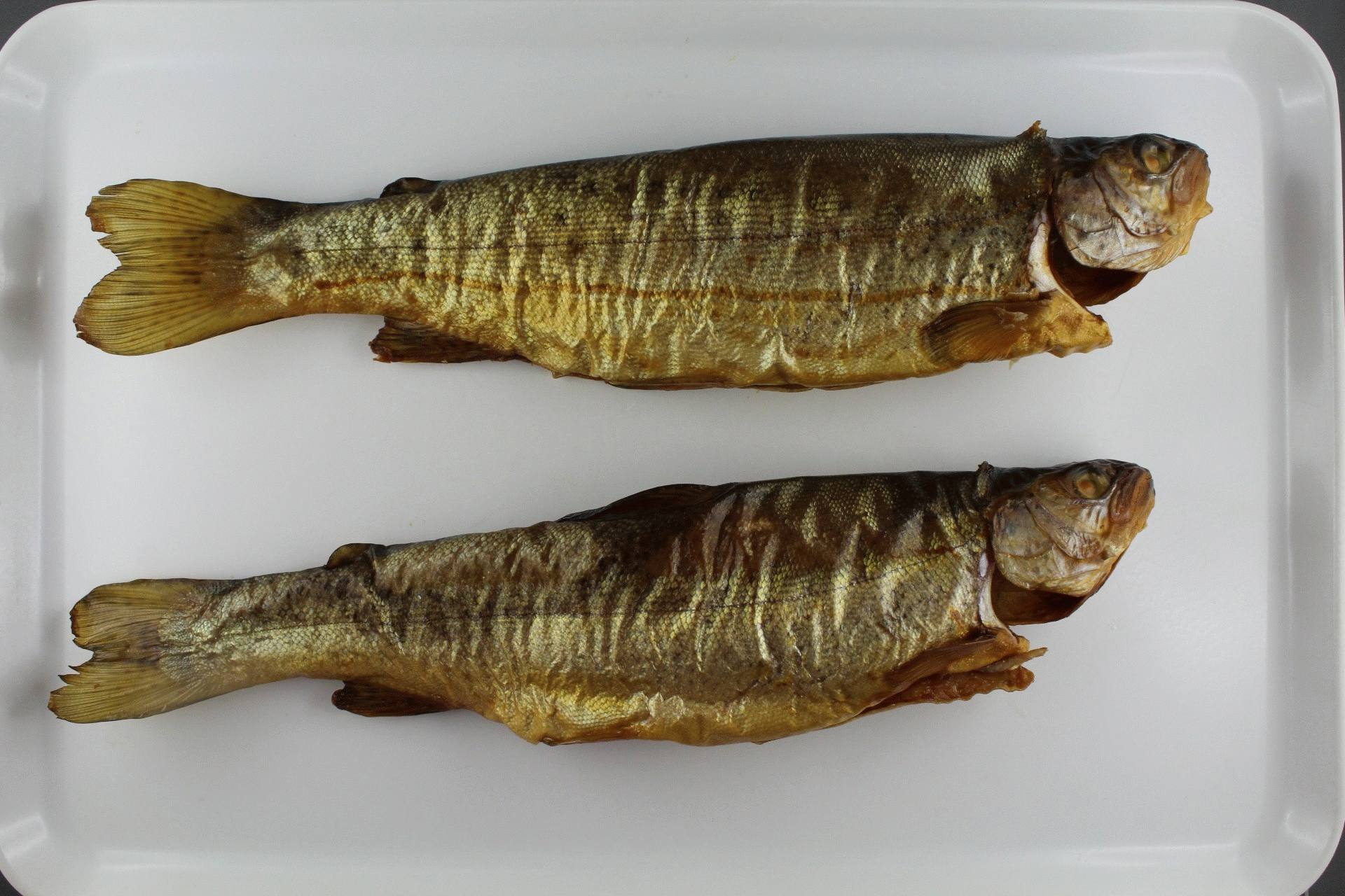 Das Bild zeigt zwei geräucherte Forellen aus regionaler Produktion auf einem Teller. 