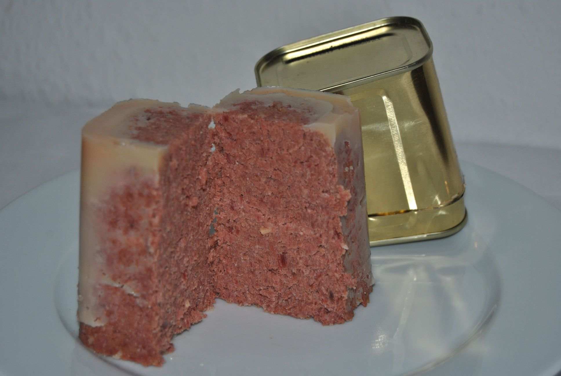 Das Bild zeigt zwei Hälfte einer angeschnittenen Corned Beef-Probe, im Hintergrund die zugehörige auf dem Kopf stehende geöffnete Blechdose.