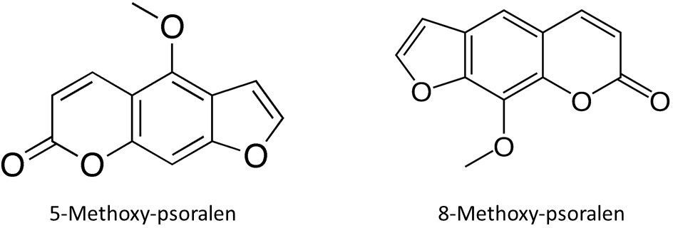 Das Bild zeigt die Strukturformeln von 5-Methoxypsoralen und 8-Methoxypsoralen