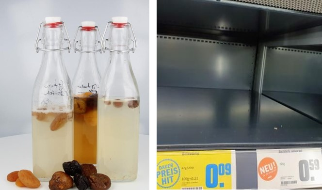 Drei dicht verschlossene Bügelverschlussflaschen gefüllt mit trüber Hefewasser-Flüssigkeit und darin schwimmenden Früchten. Vor den Flaschen liegt Trockenobst.