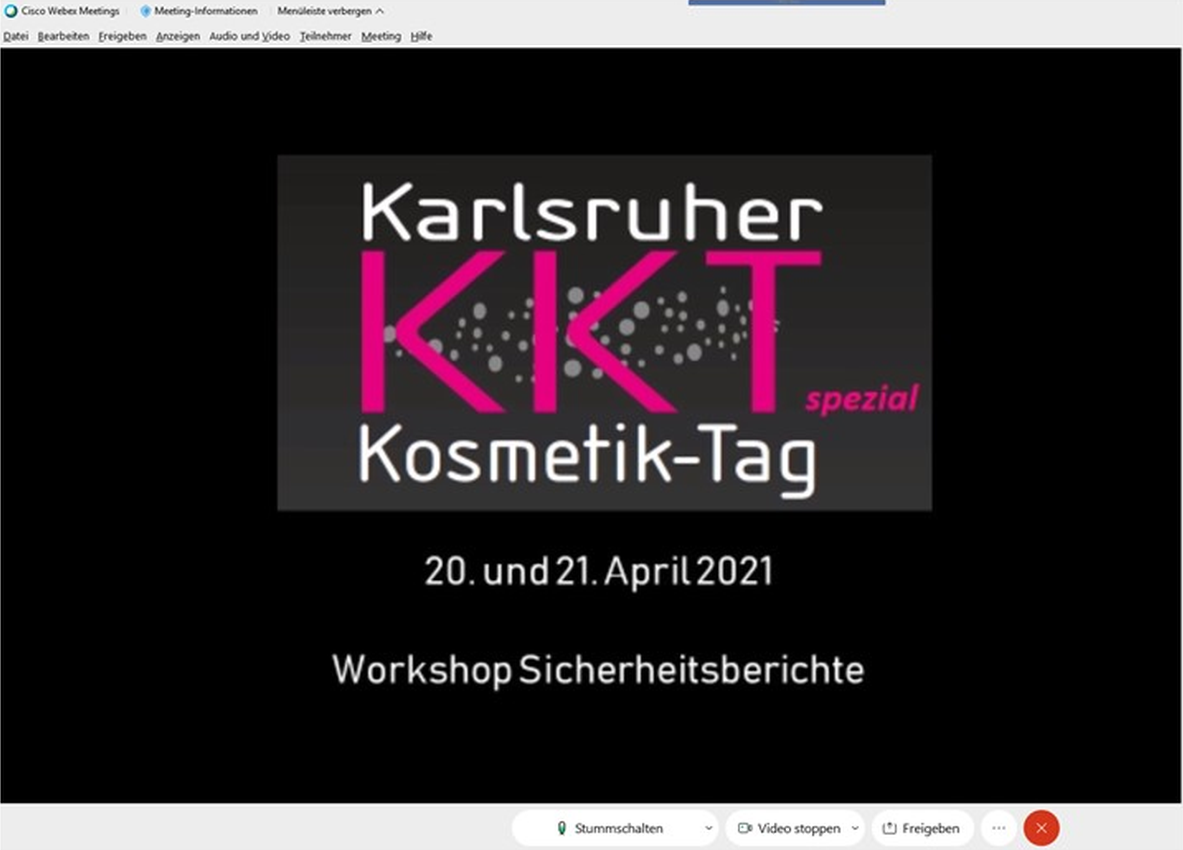 Das Bild zeigt eine geöffnete Webex-Konferenz Oberfläche in der das Logo des Karlsruher Kosmetik-Tag zu sehen ist