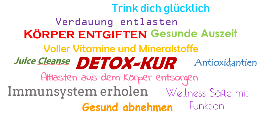 Das Bild zeigt eine Word-Cloud mit verschiedenen Werbeaussagen zu den Smoothie Produkten. Dabei handelt es sich vor allem um Angaben zur Gesundheit (z. B. Detox, Körper entgiften, Immunsystem erholen) und zu Inhaltstoffen (z. B. Voller Vitamine und Mineralstoffe, Antioxidantien)