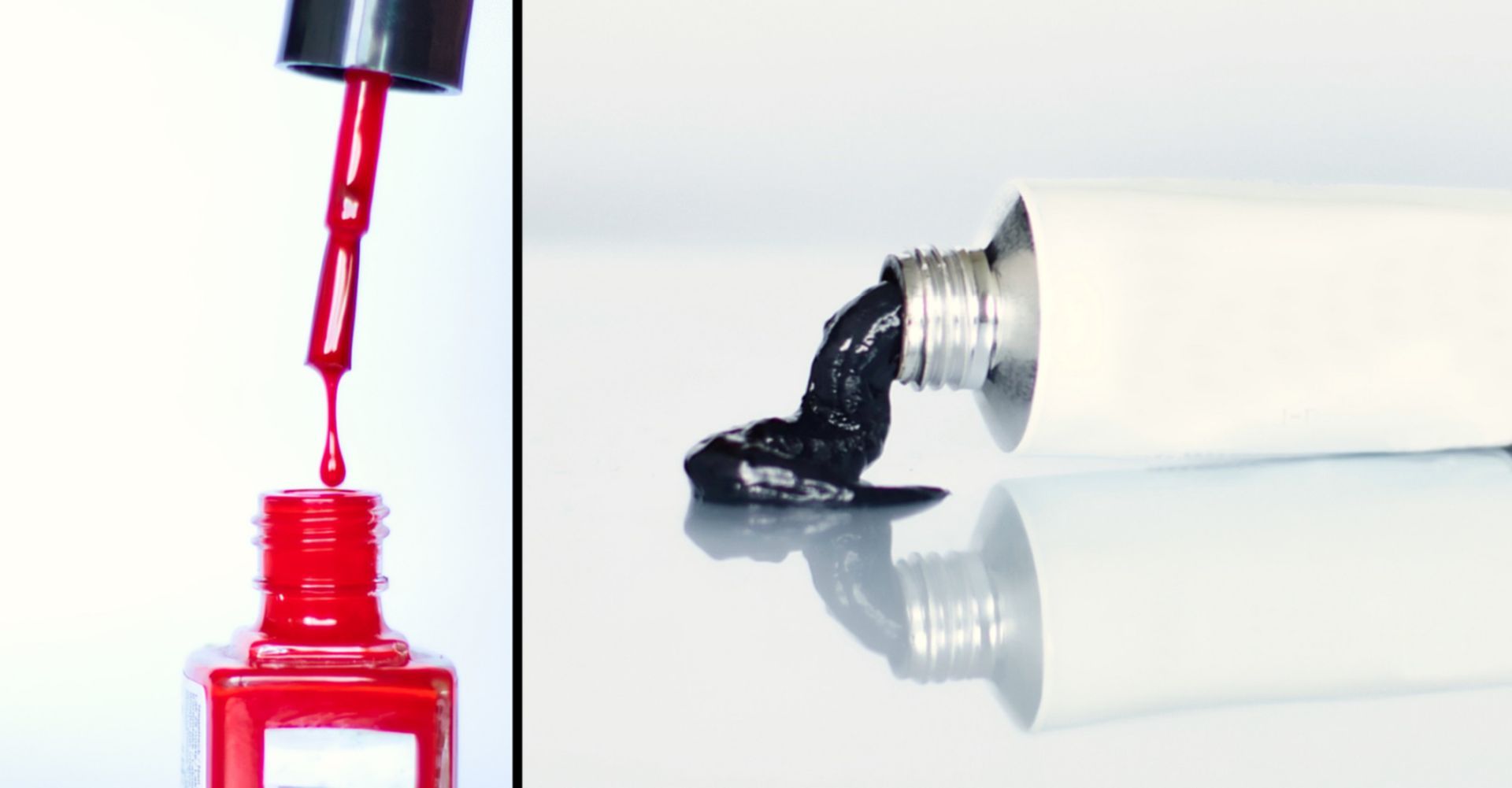 Das Bild zeigt einen roten Nagellack, bei dem ein Tropfen vom Pinsel in das Fläschen fällt sowie eine Tube mit schwarzer Wimpernfarbe, aus der etwas Produkt herausgedrückt wurde