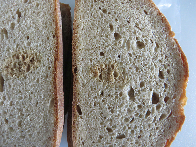 zwei Brotscheiben mit gelben Flecken in der Krume