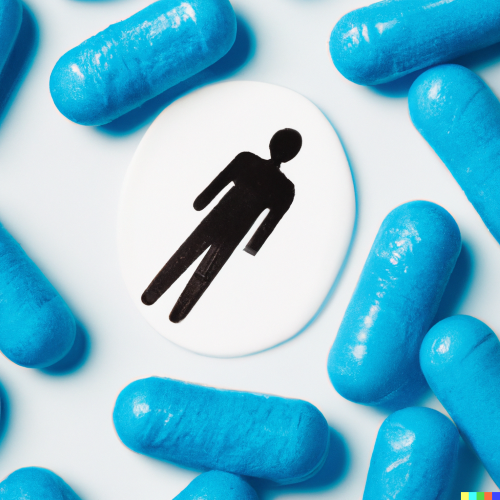 Weißer Kreis mit schwarzem, gemaltem Männchen. Um den Kreis herum befinden sich blaue Kapseln