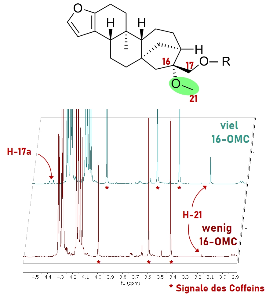 NMR-Spektren von reinem Arabica-Kaffee bzw. von Kaffee mit Canephora-Beimischung. Gut erkennbar das für Canephora typische intensive Signal der 16-O- Methylcafestols bei 3,42 ppm