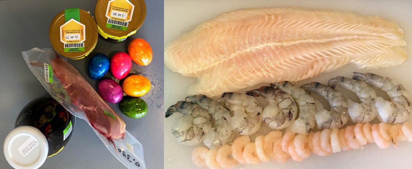 Auf dem Bild sind verschiedene Lebensmittel aus dem Lebensmittelhandel zu sehen. Dies sind: zwei Gläser mit Honig, Milch in einer Glasflasche, ein Stück eingeschweißtes Fleisch, 6 bunt gefärbte gekochte Eier, ein Fischfilet, 2 verschiedene Arten von Shrimps.