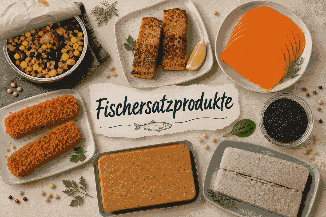 Auf dem Bild sind verschiedene vegane und vegetarische Fischersatzprodukte, wie z. B. vegane „Fisch“-Stäbchen zu sehen.