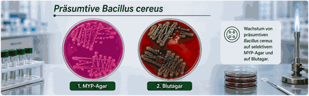 Auf der Abbildung sind zwei Nähragarplatten dargestellt, auf denen Bakterienkolonien von präsumtiven Bacillus cereus zu sehen sind.