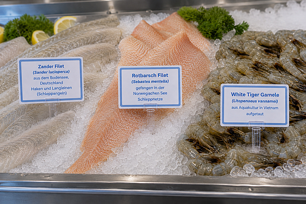 Das Bild zeigt in einer Fischtheke Zanderfilets, Rotbarschfilets und Garnelen mit Schildern an der Ware