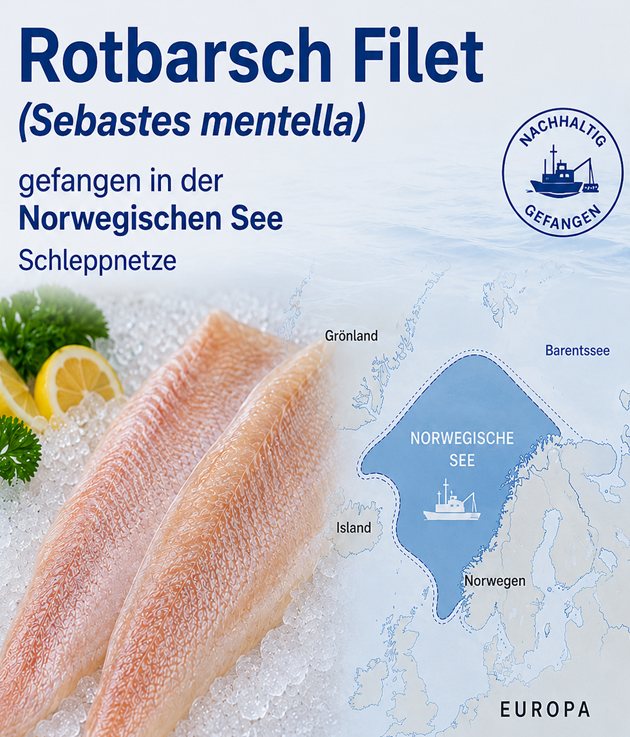 Das Bild zeigt ein Poster, auf dem das Fanggebiet auf einer Weltkarte für Rotbarsch zu sehen ist