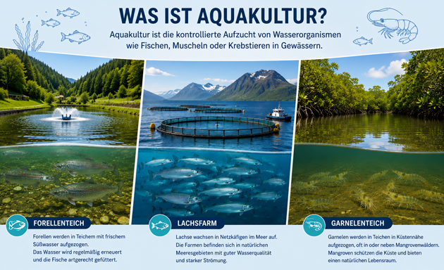 Das Bild zeigt einen Forellenteich, eine Lachsfarm und einen Garnelenteich