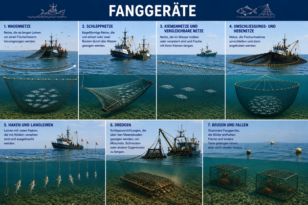 Das Bild zeigt die sieben offiziellen Kategorien der Fanggeräte zum Fang von Fischen und Meeresfrüchten