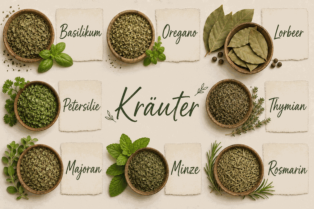 Kollage verschiedener getrockneter Blattgewürze und Kräuter. In kleinen Holzschalen sind Basilikum, Oregano, Lorbeer, Petersilie, Thymian, Majoran, Minze und Rosmarin angeordnet und mit ihrer Bezeichnung beschriftet. Die Darstellung dient dem Vergleich des Aussehens der einzelnen getrockneten Blattgewürze und Kräuter.