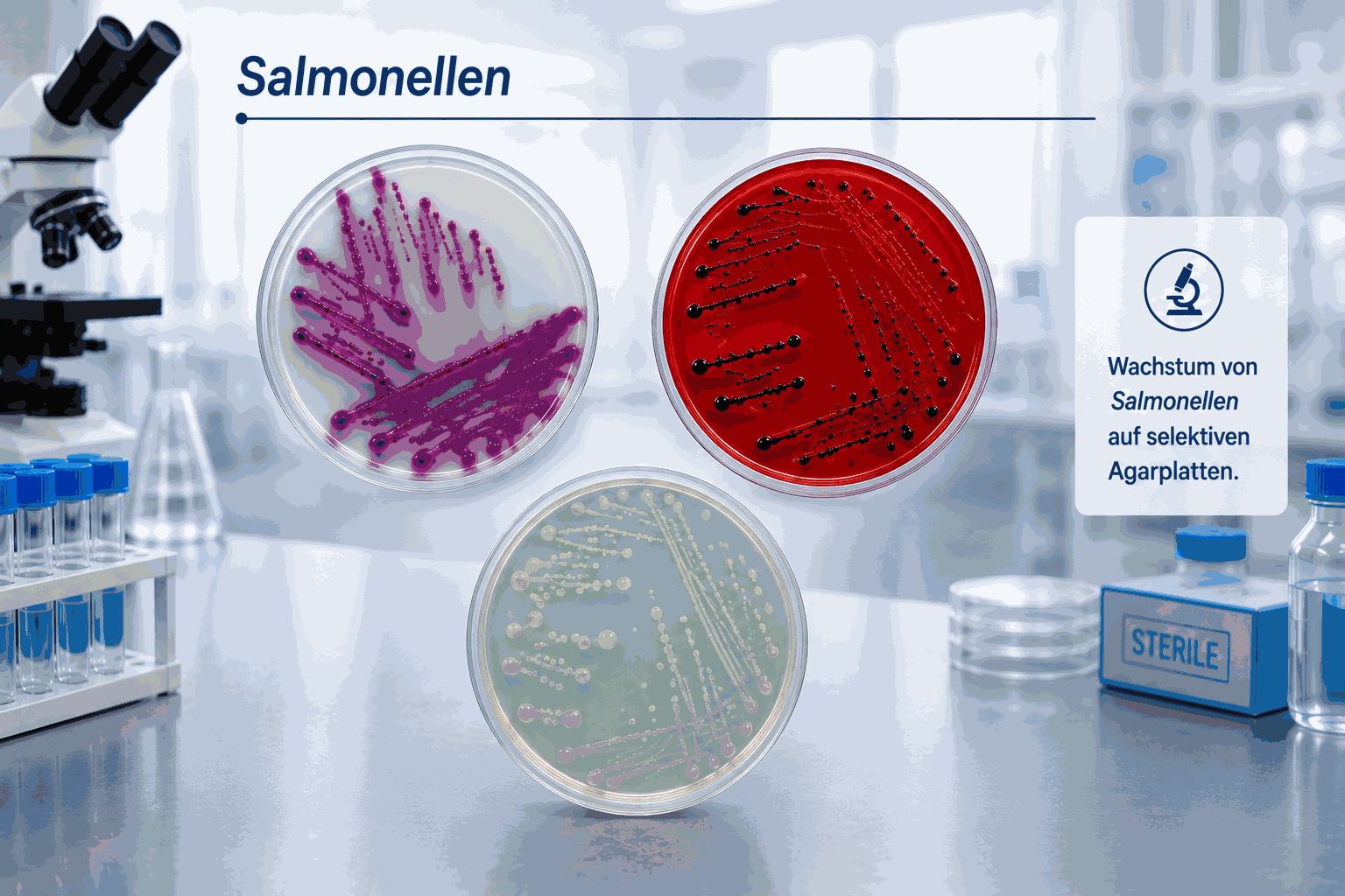 Auf der Abbildung sind drei Agarplatten dargestellt, auf denen Bakterienkolonien von Salmonellen zu sehen sind.