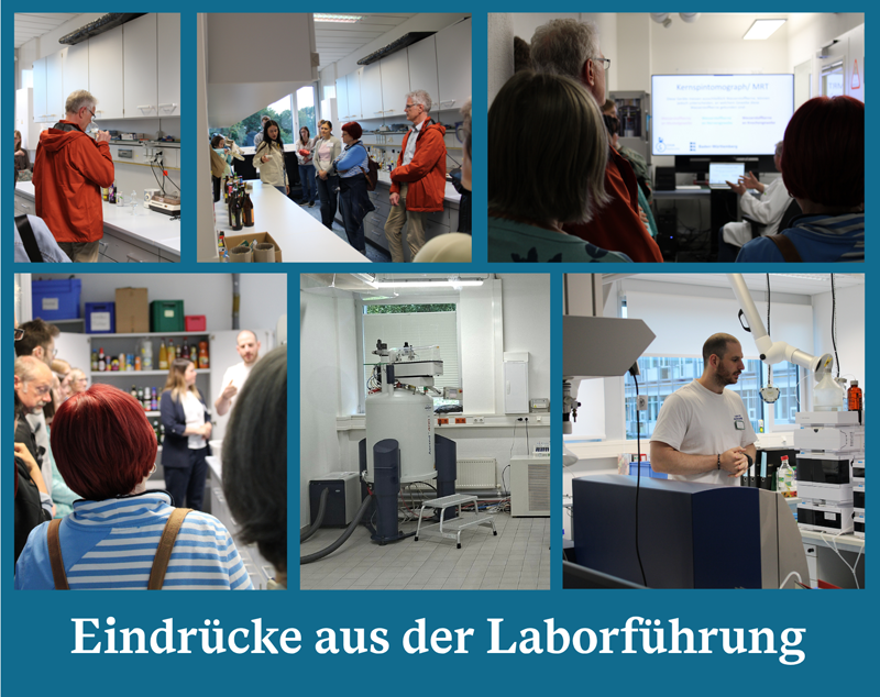 Einblicke in die Laborführung in den Bereichen Erfrischungsgetränke, Bier, Spirituosen und Kernresonanzspektroskopie.