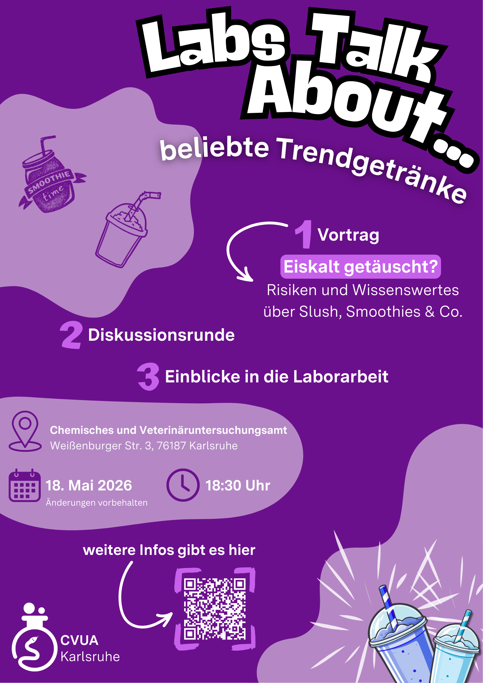 Die Abbildung zeigt den Titel der Veranstaltung „Labs Talk About“ in Verbindung mit dem Logo des CVUA Karlsruhe, sowie Darstellungen von Smoothies und Slush-Getränkebechern