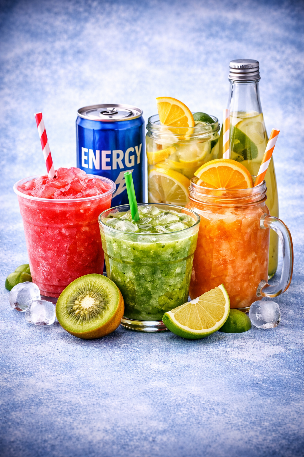 Die Abbildung zeigt zahlreiche Getränke wie Smoothies, Energy Drinks und Slush mit Eiswürfeln vor bläulichem Hintergrund