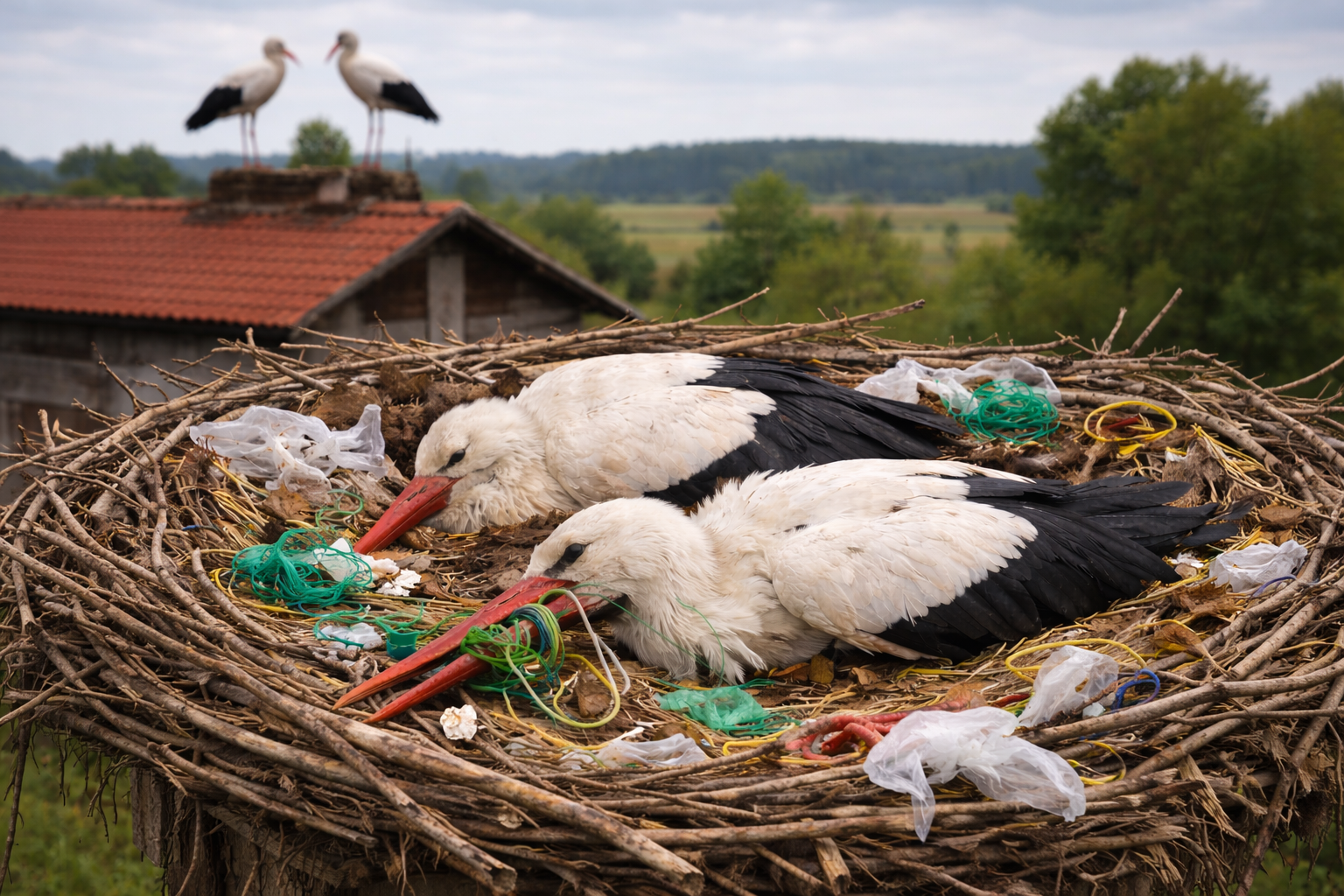 Die Abbildung zeigt im Vordergrund zwei Störche im Nest zusammen mit Müllteilen in natürlicher Umgebung