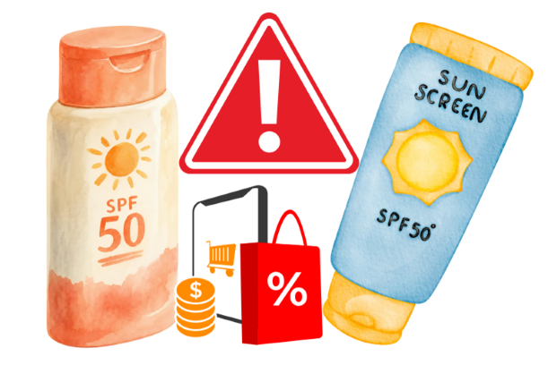 Die Abbildung zeigt zwei Sonnencremetuben, Onlineshop-Symbole und ein großes Ausrufezeichen