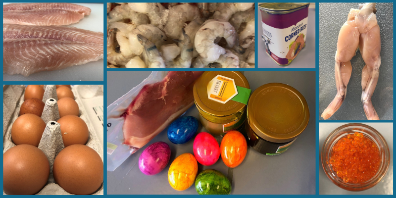 Auf dem Bild sind verschiedene Lebensmittel aus dem Lebensmittelhandel zu sehen. Dies sind: Eine 10er Packung mit Eiern, ein Pangasiusfilet, White Tiger Shrimps, Froschschenkel, Corned Beef, Forellen-Kaviar, gefärbte gekochte Hühnereier, Honig, Fleisch