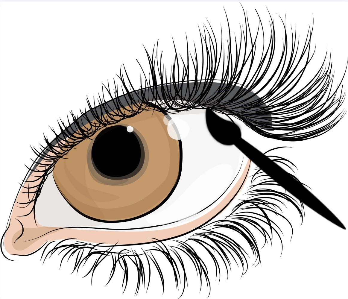 Das Bild zeigt ein gezeichnetes Auge mit langen Wimpern und einem Pinsel, auftragend am oberen Lidrand
