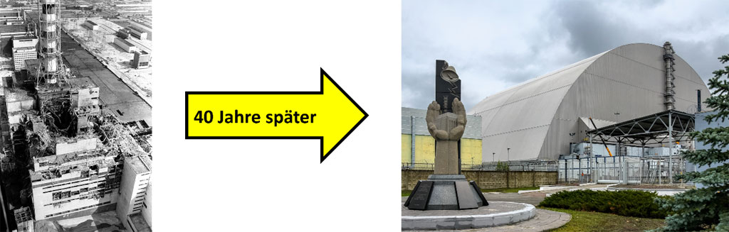 Bild des Reaktors des Kernkraftwerks Tschernobyl aus dem Jahr 1986 neben einer Aufnahme, welche den havarierten Reaktor mit Schutzhülle 40 Jahre später zeigt.